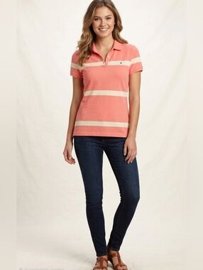 Tommy Hilfiger Women's Pink/White Polo Wide Stripes Shirt Sz L EUC